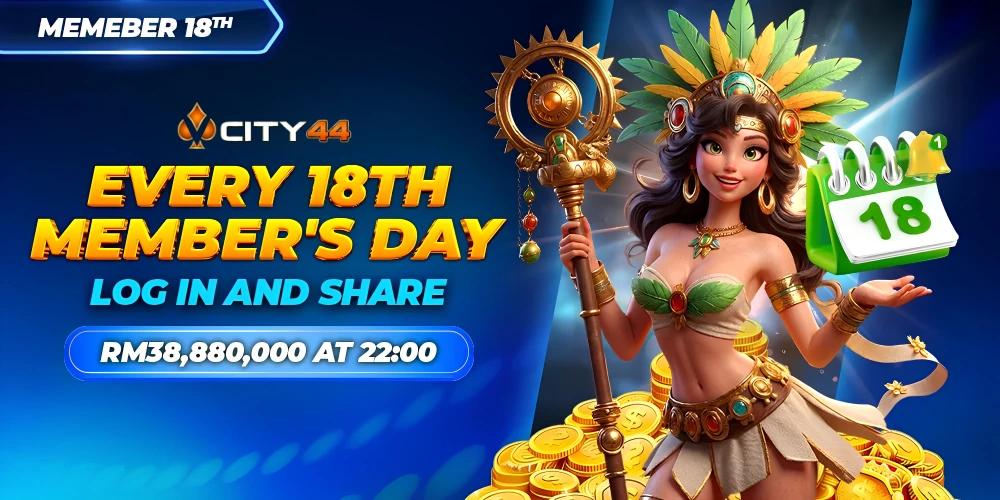 VCity44 Every 18th Members Day banner with log in and share line, RM38,880,000 pool at 22:00, mascot, gold coins, and calendar marked 18.